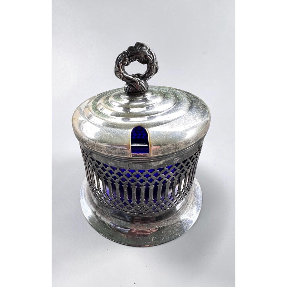 Vintage Mayell Silver Plate Cobalt Blue Glass Mustard Pot Made in England